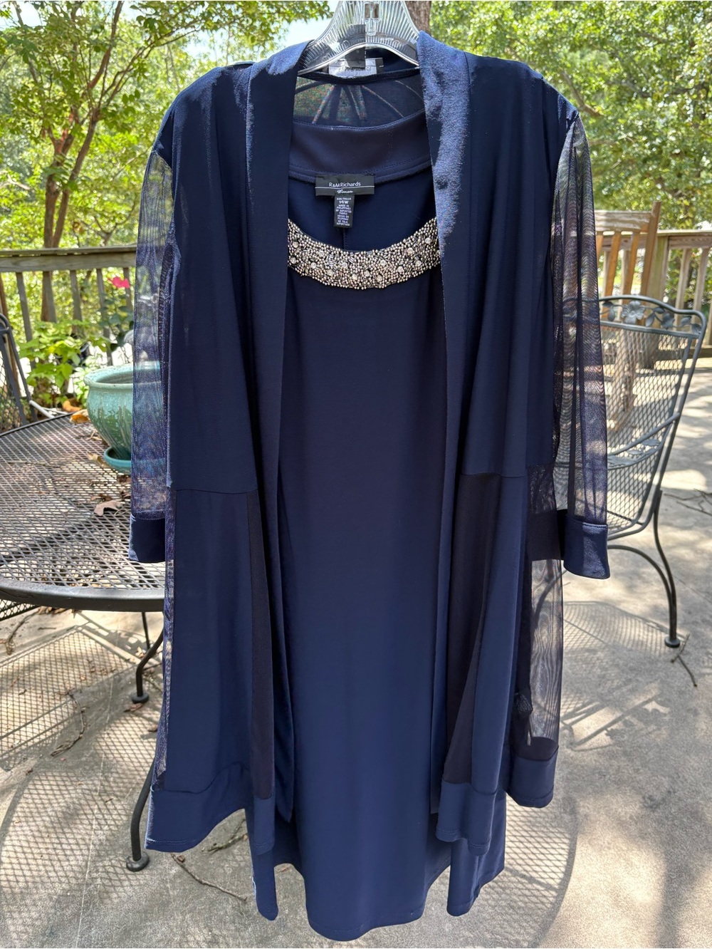 Elegant R&M Richards Navy 2 Piece Dress with Beaded & Rhinestone Jewel Neckline - Picture 4 of 16